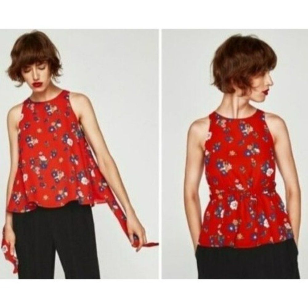 Zara Red Open Back Floral Blouse Sleeveless Tie Open Back Womes Size Small Work